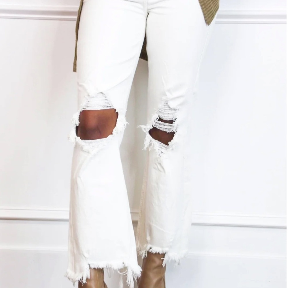 Risen Denim Boho Chic Distressed White Flare Jeans